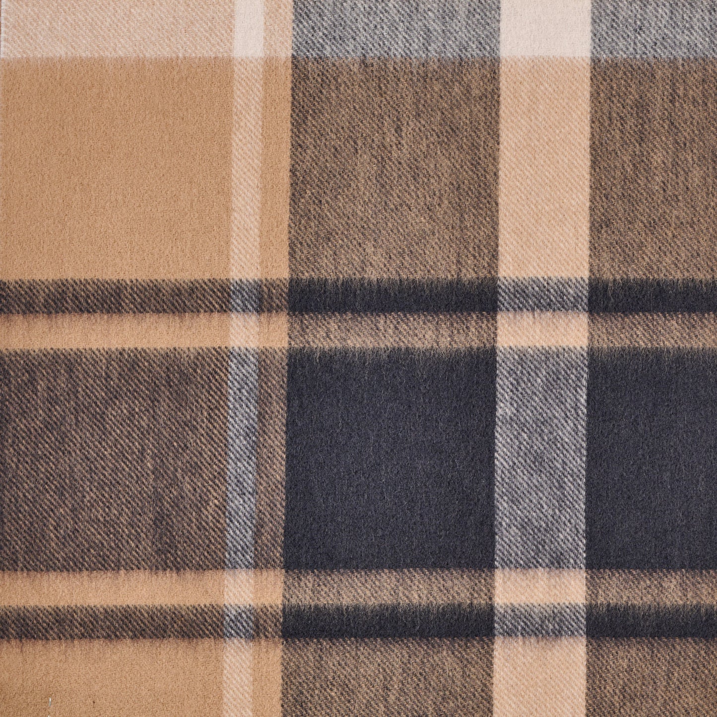 Close-up of a plaid wool fabric with brown, beige, and blue colors.
