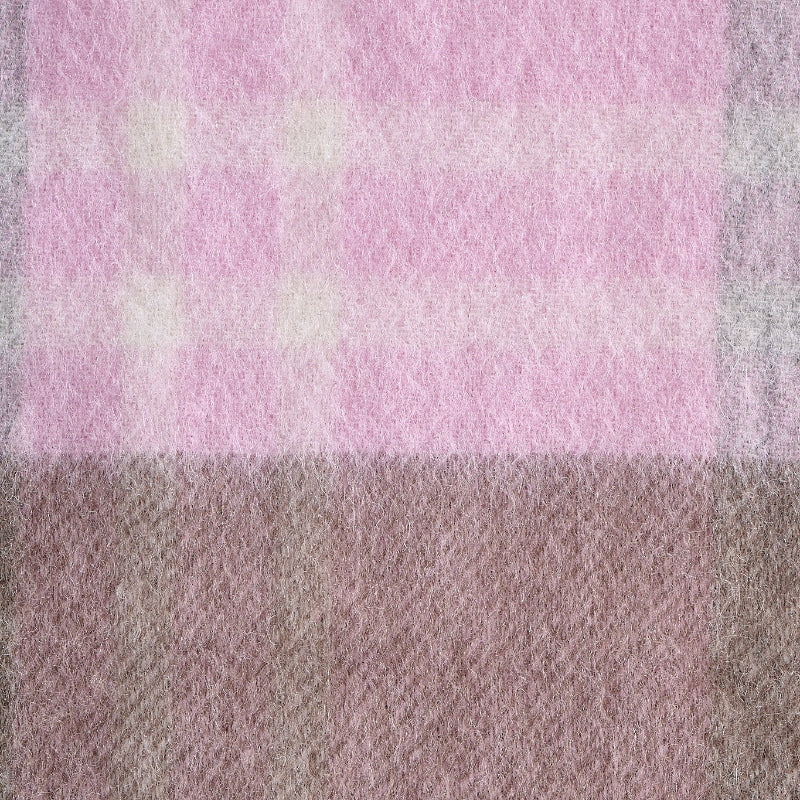 Plaid fabric with pink, gray, and blue colors