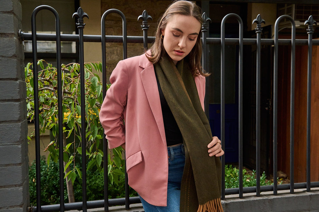 WooliWooli green Merino wool scarf Australia worn by model outdoors