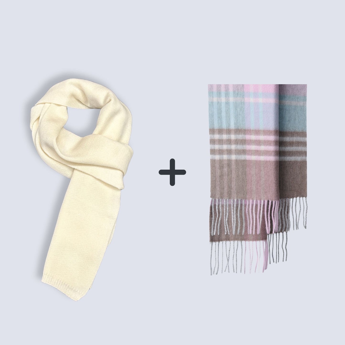 100% Wool Knit Scarf (Cream on the Top)  + 100% Wool Scarf ｜ Value Bundle
