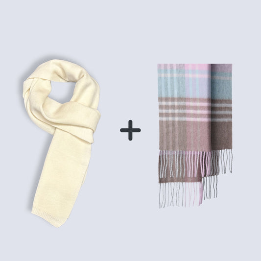 100% Wool Knit Scarf (Cream on the Top)  + 100% Wool Scarf ｜ Value Bundle