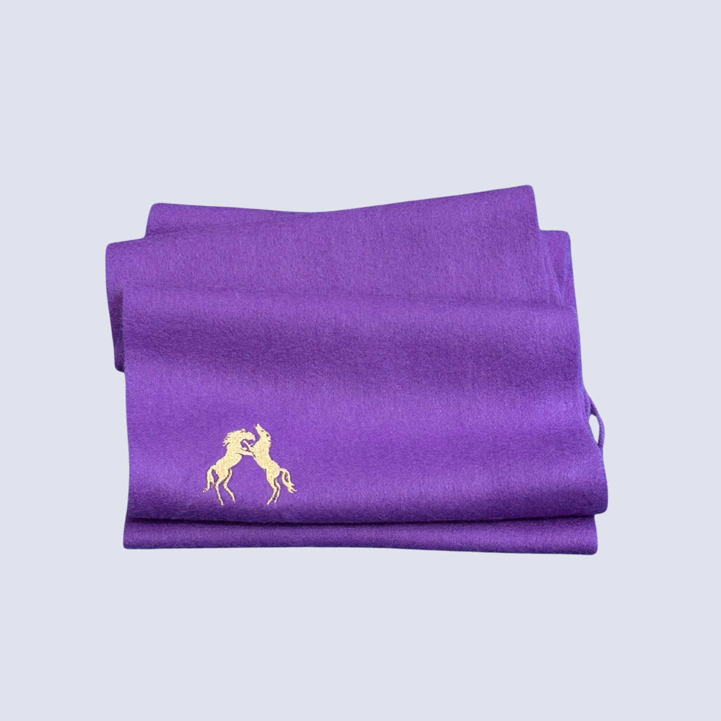 Purple scarf with a logo on a light gray background