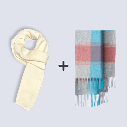 100% Wool Knit Scarf (Cream on the Top)  + 100% Wool Scarf ｜ Value Bundle