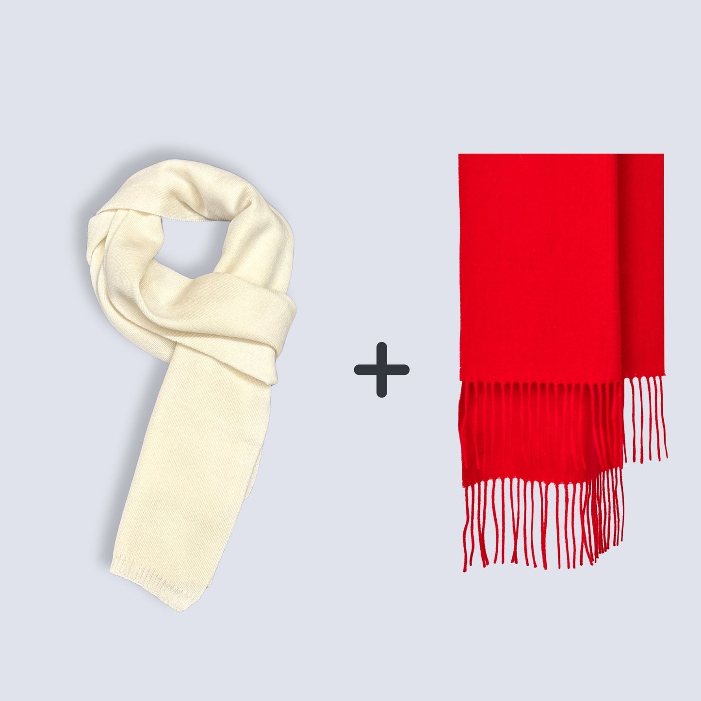 100% Wool Knit Scarf (Cream on the Top)  + 100% Wool Scarf ｜ Value Bundle