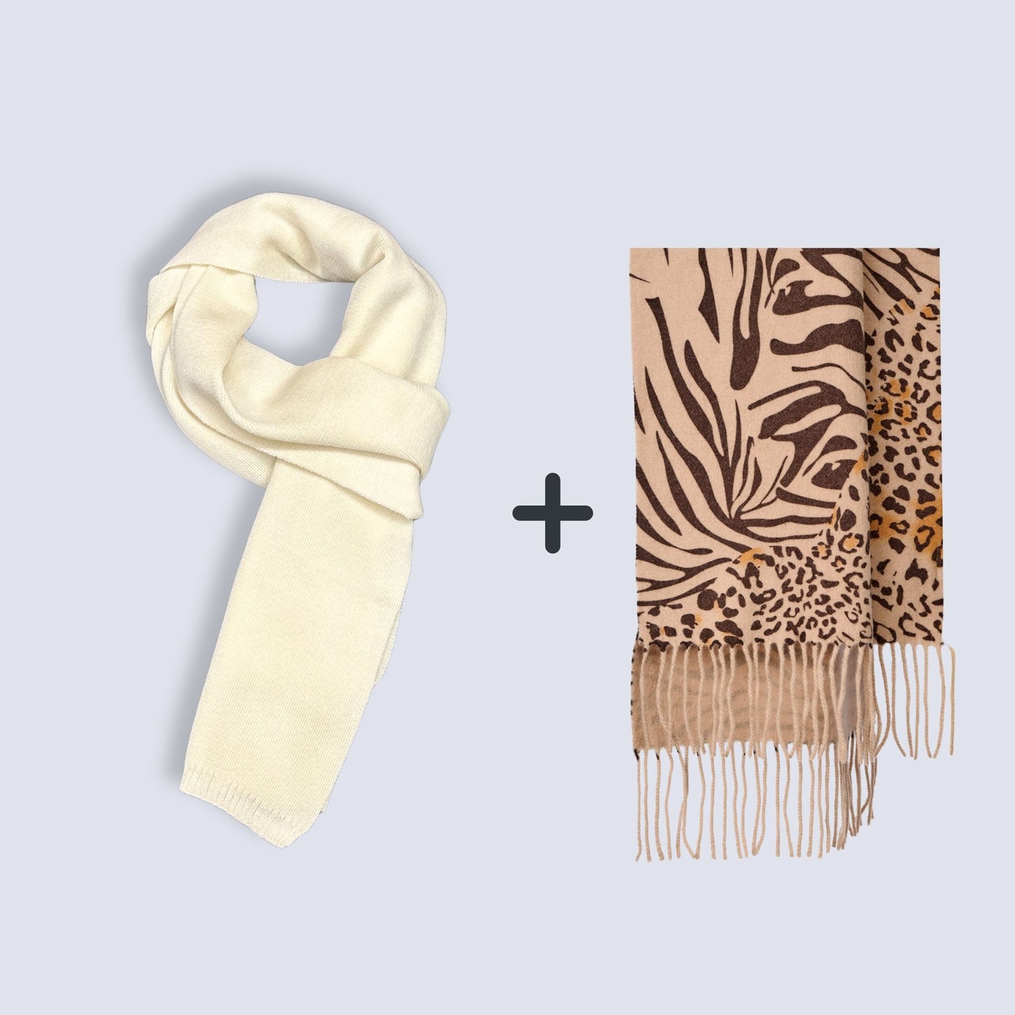 100% Wool Knit Scarf (Cream on the Top)  + 100% Wool Scarf ｜ Value Bundle