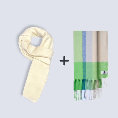 100% Wool Knit Scarf (Cream on the Top)  + 100% Wool Scarf ｜ Value Bundle