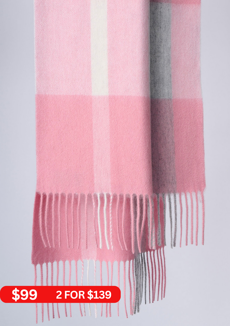 Australian Made Merino Wool Scarf | Pink Plaid Scarf-  Lake Hillier, WA
