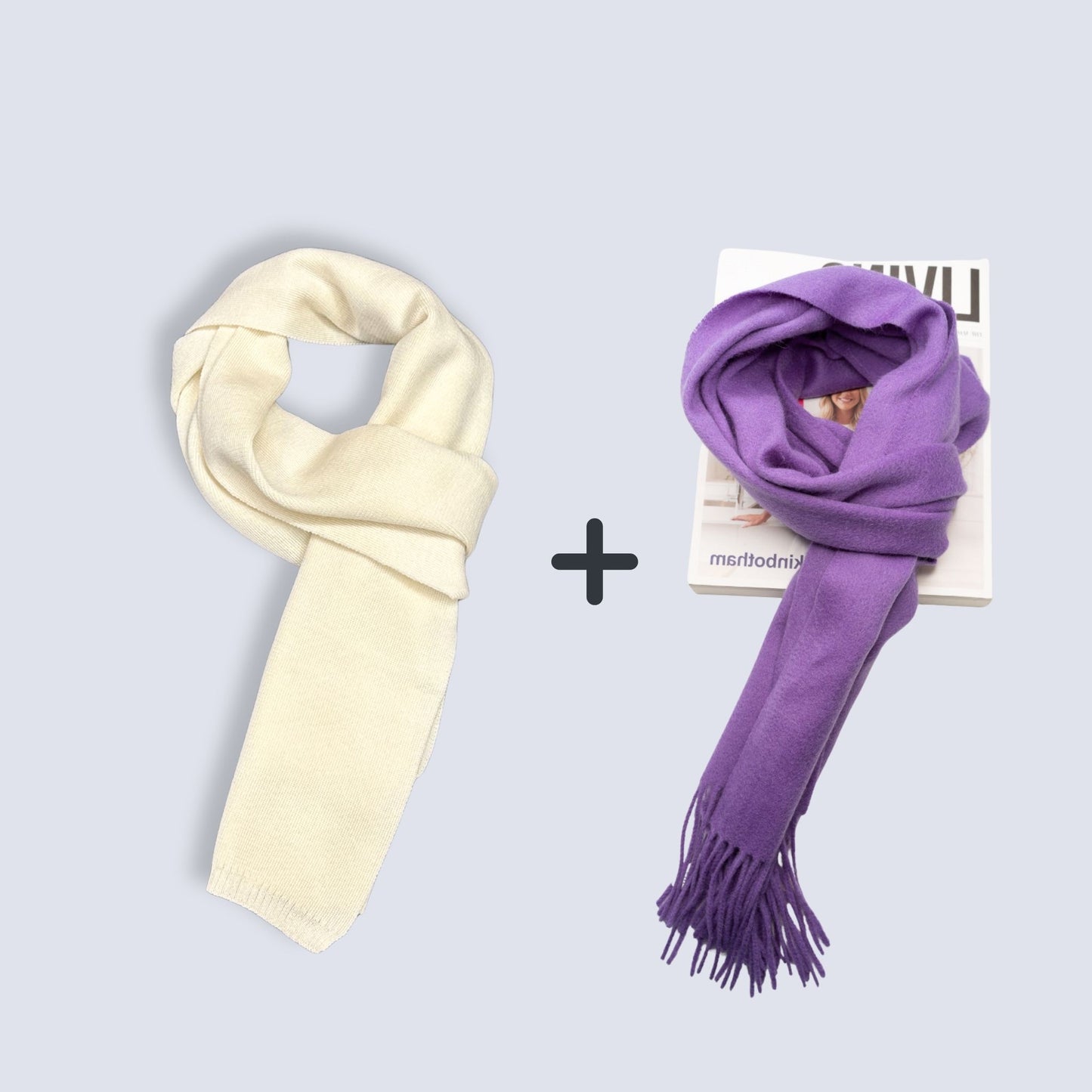 100% Wool Knit Scarf (Cream on the Top)  + 100% Wool Scarf ｜ Value Bundle