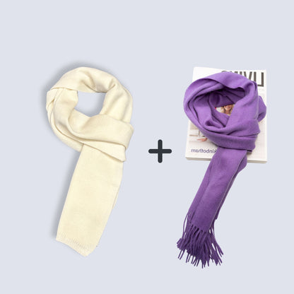 100% Wool Knit Scarf (Cream on the Top)  + 100% Wool Scarf ｜ Value Bundle