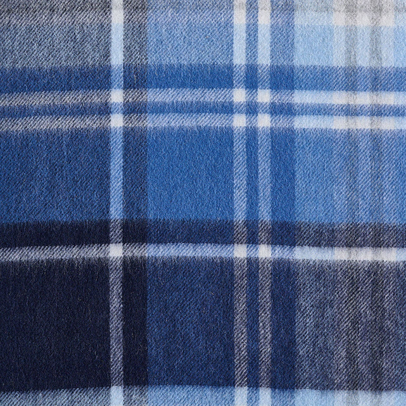 Flat lay of a blue checkered scarf, a wool scarf showing the material.