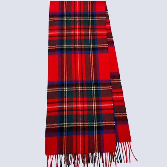 Red plaid scarf with black and blue accents on a light gray background