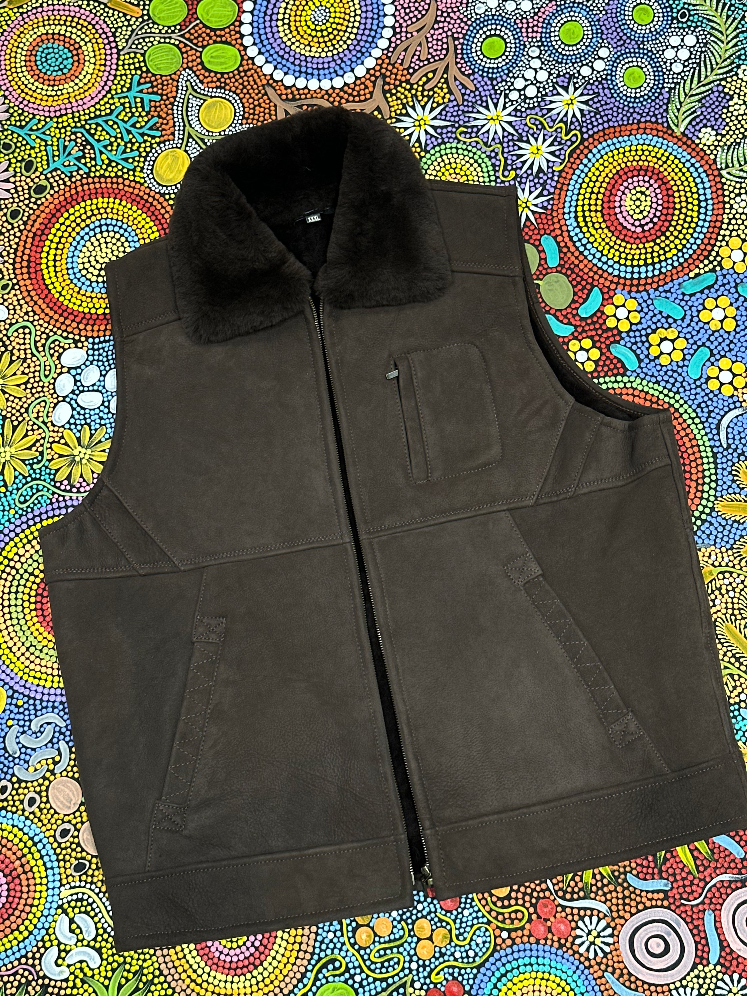 Men's Double Face Sheepskin Vest - Dark Brown -XXXL