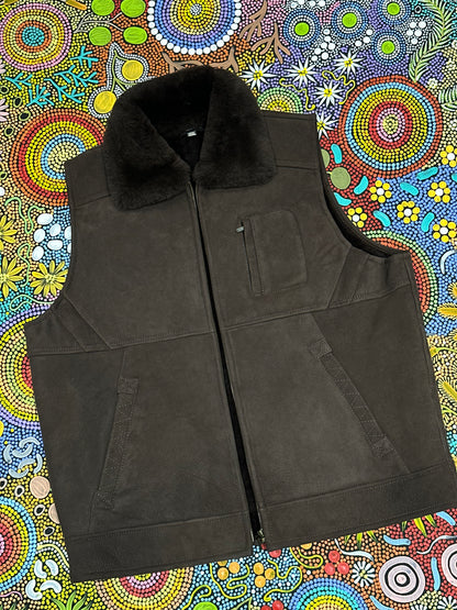 Men's Double Face Sheepskin Vest - Dark Brown -XXXL