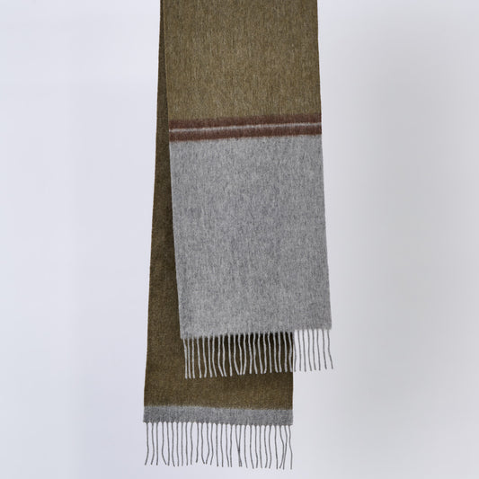 Colour block wool scarf with brown and gray pattern on a white background