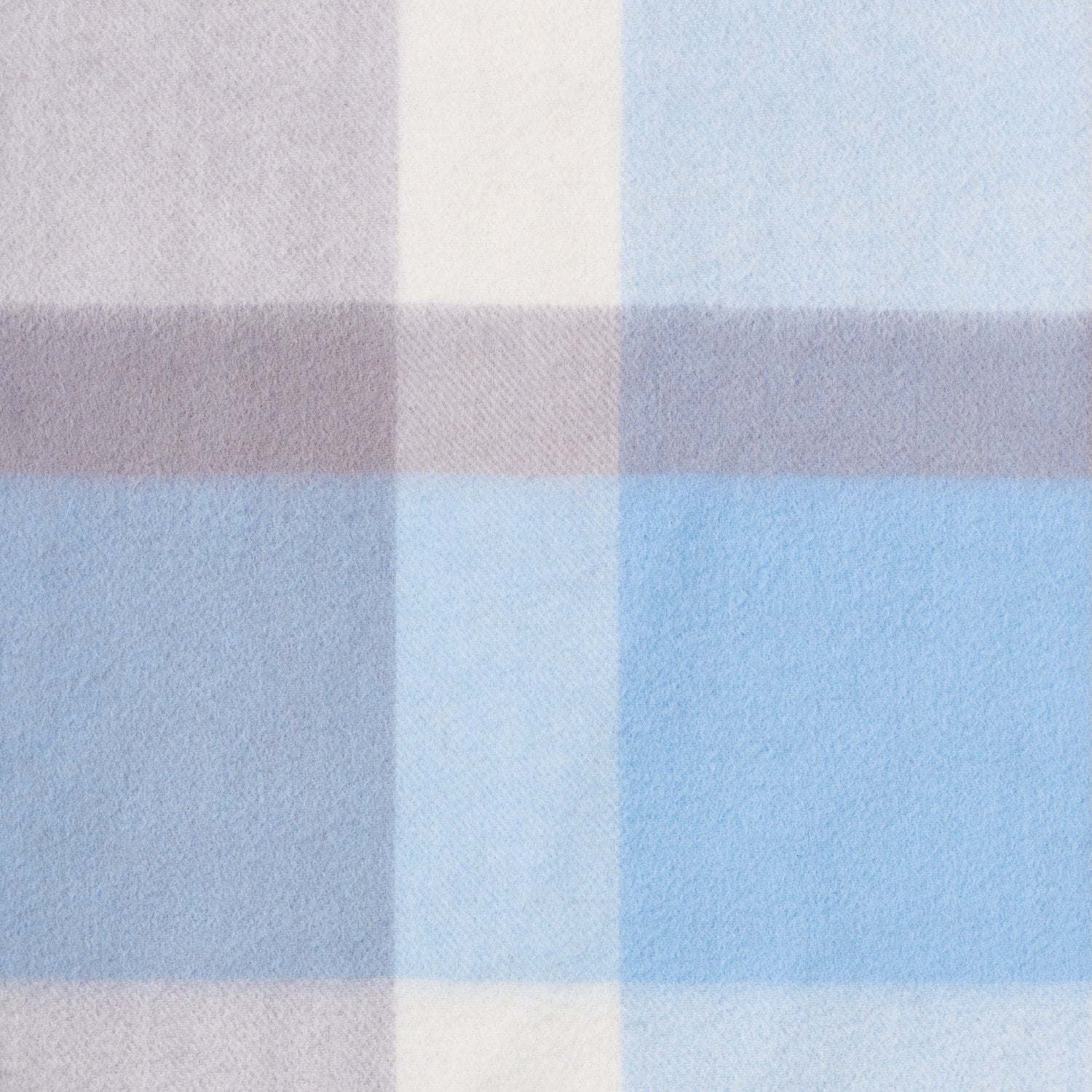Close-up of a plaid wool fabric with brown, beige, and blue colours.