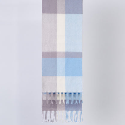 Plaid scarf with blue, white, and purple colors on a light gray background