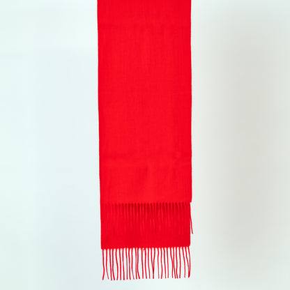 Red scarf with fringes on a light gray background