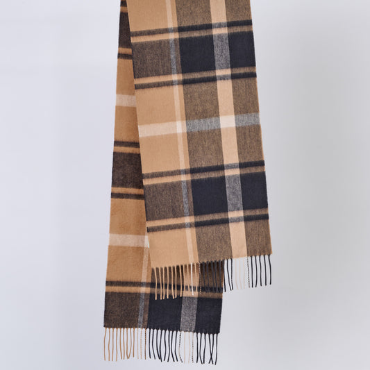 Plaid wool scarf with brown, black, and beige colors on a light gray background