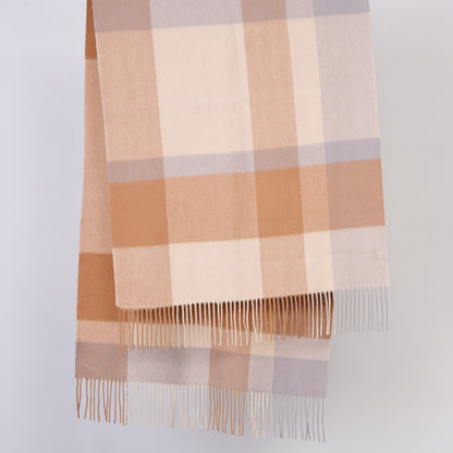 Plaid scarf with brown, beige, and gray colors on a light gray background