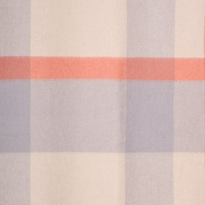 Plaid fabric pattern with horizontal stripes in pink, purple, and beige.