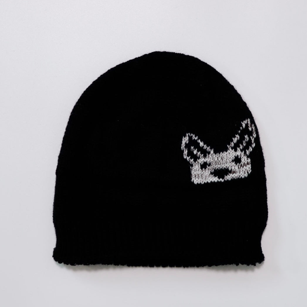 Black beanie with a white Kangaroo on a light gray background