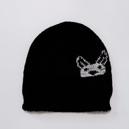 Black beanie with a white Kangaroo on a light gray background