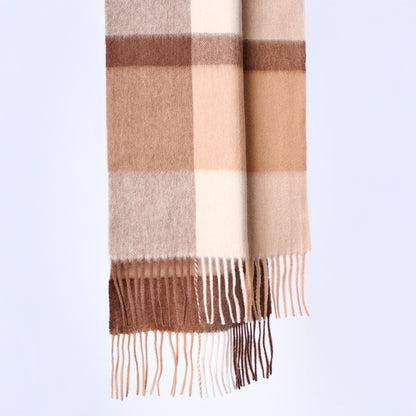 Checkered wool scarf with brown and beige stripes on a light blue background