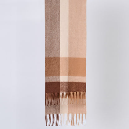 Plaid wool scarf with brown and beige colors on a light gray background