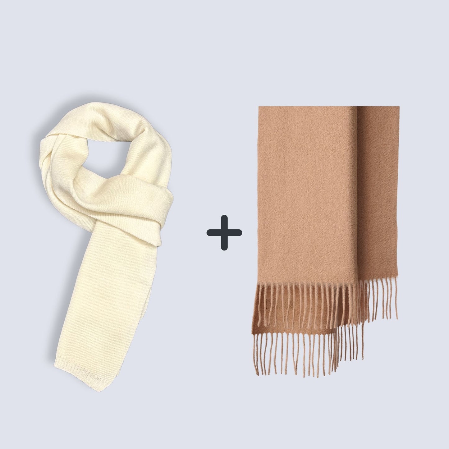100% Wool Knit Scarf (Cream on the Top)  + 100% Wool Scarf ｜ Value Bundle