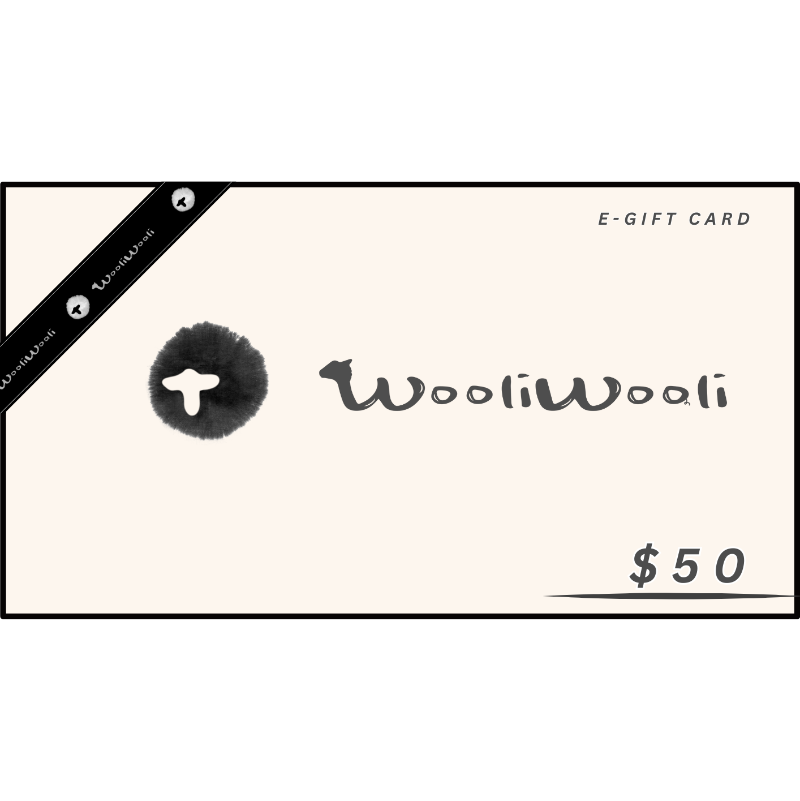 WooliWooli e-gift card with a black logo on a white background
