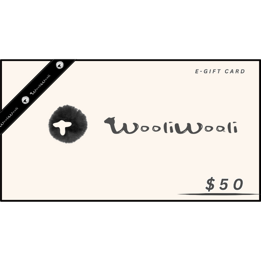 WooliWooli e-gift card with a black logo on a white background