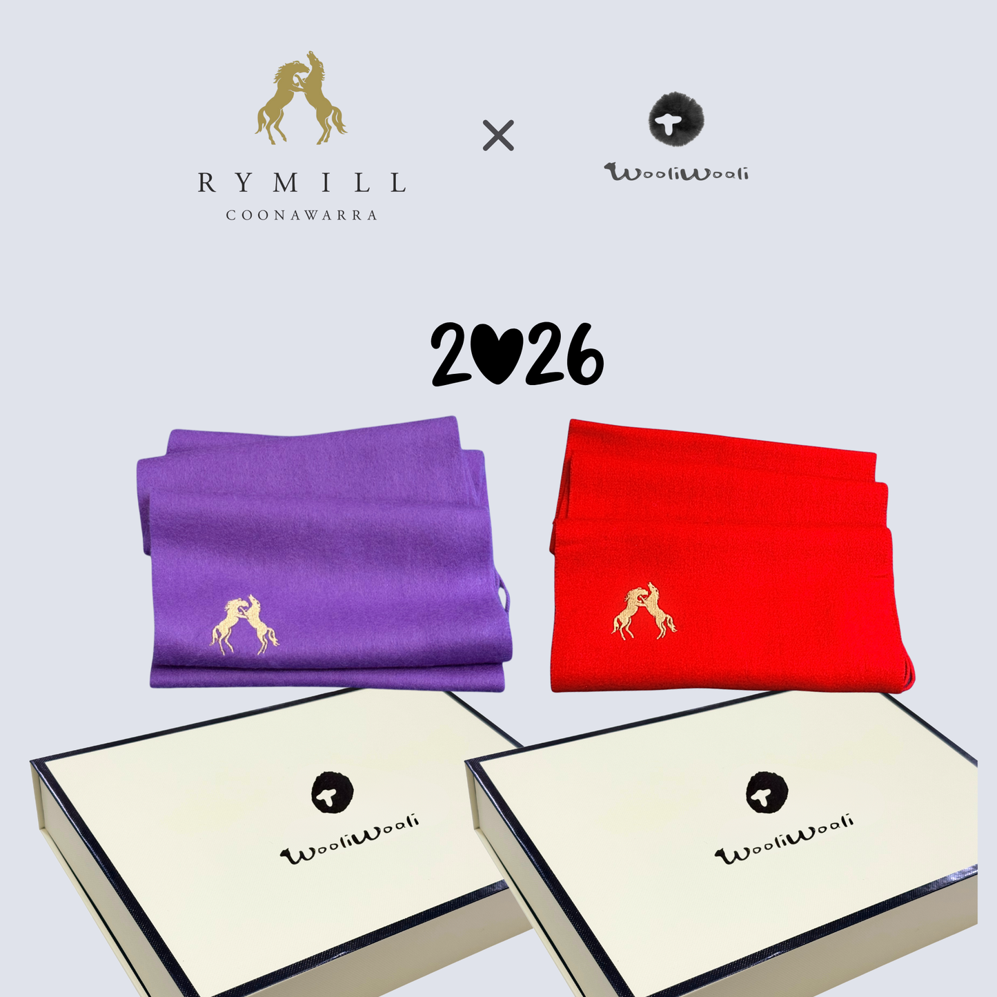 Purple and red scarves with brand logos on a light gray background