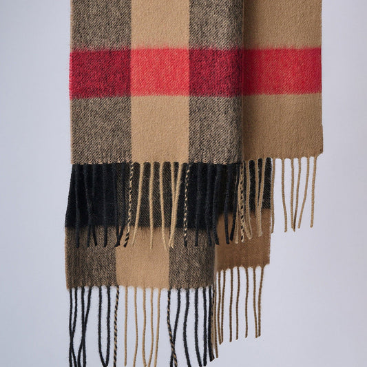 A plaid patterned scarf with camel brown as the main color, featuring red and black stripes, displayed on a plain background.