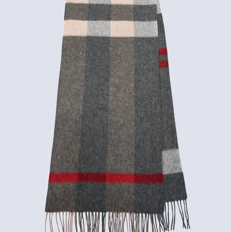 Checkered scarf with gray, beige, red, and black pattern on a light blue background