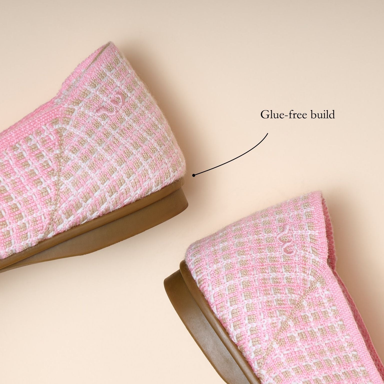 Pair of pink textured shoes on a beige background with 'Glue-free build' text.