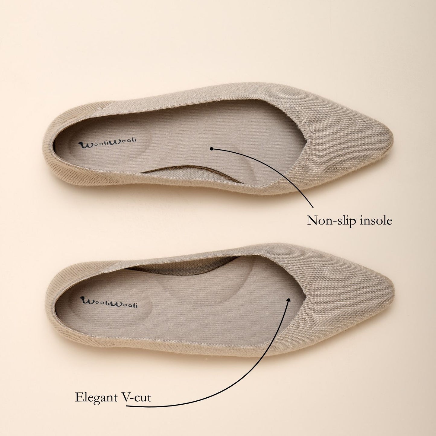 Beige pointed-toe flats with non-slip insole and elegant V-cut design on a beige background.