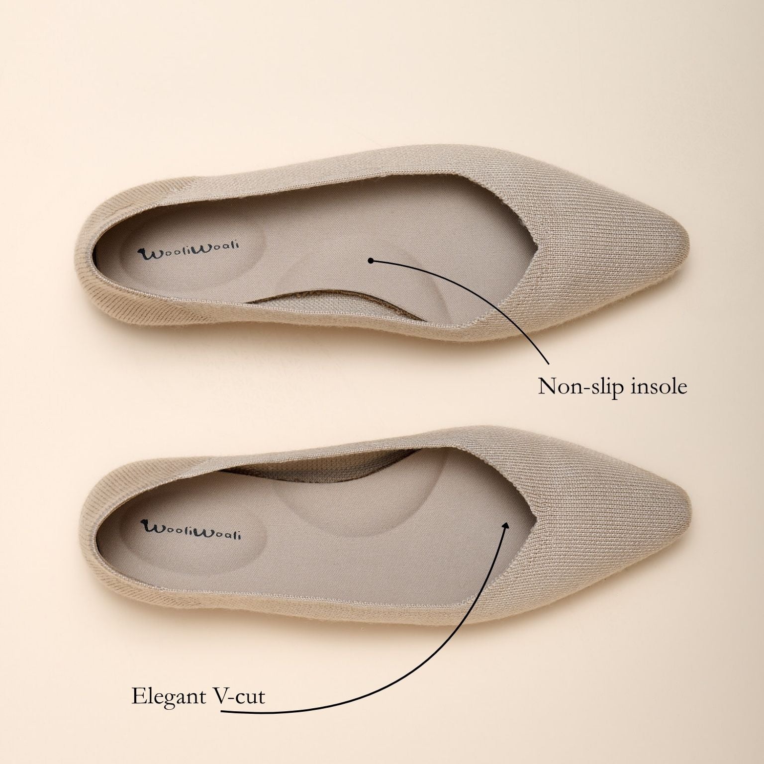 Beige pointed-toe flats with non-slip insole and elegant V-cut design on a beige background.