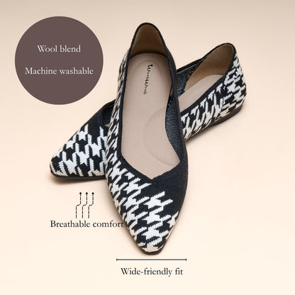 Pair of black and white houndstooth patterned shoes on a beige background with text highlighting features.