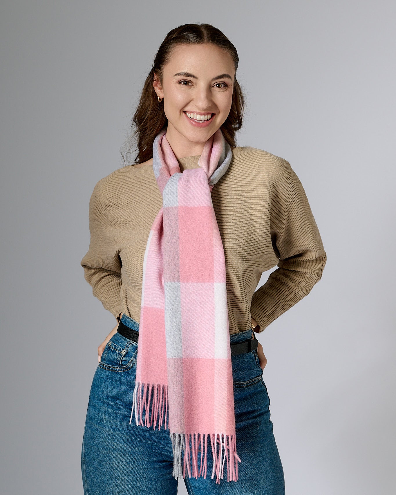 Australian Made Merino Wool Scarf | Pink Plaid Scarf-  Lake Hillier, WA