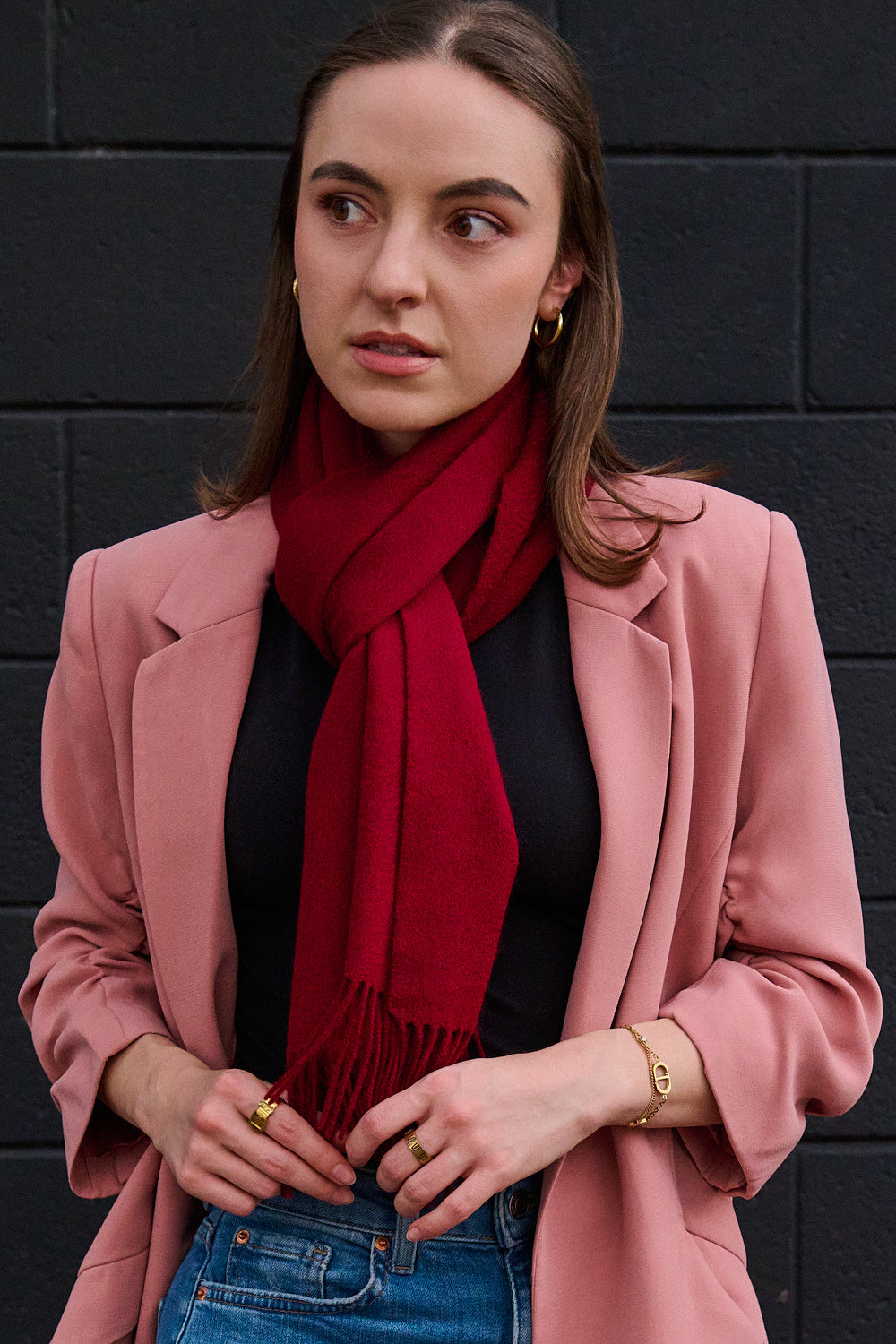 Woman wearing an Australian Made Merino wool scarf outdoors